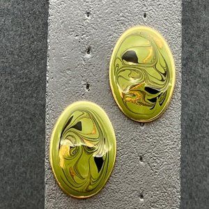 Vintage Pierced Earrings Large Oval Olive Green Enamel Black Gold Glitter Swirl